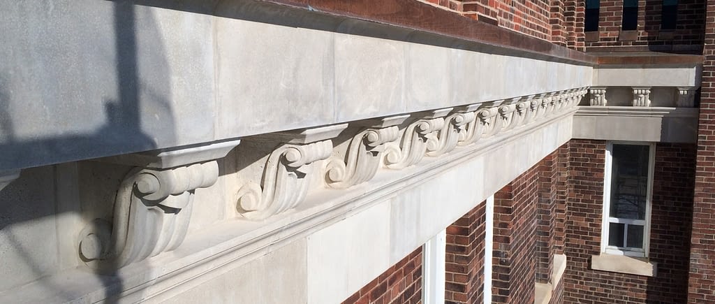 Building restoration: Close-up of detailed masonry restoration at St.Augustine's Seminary in Toronto, Ontario